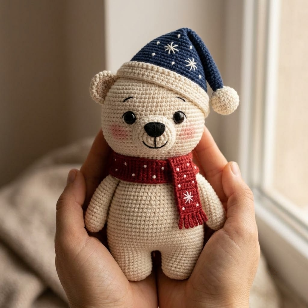 Charming Crochet Christmas Polar Bear Ornament, White Plush With Navy Hat & Red Scarf