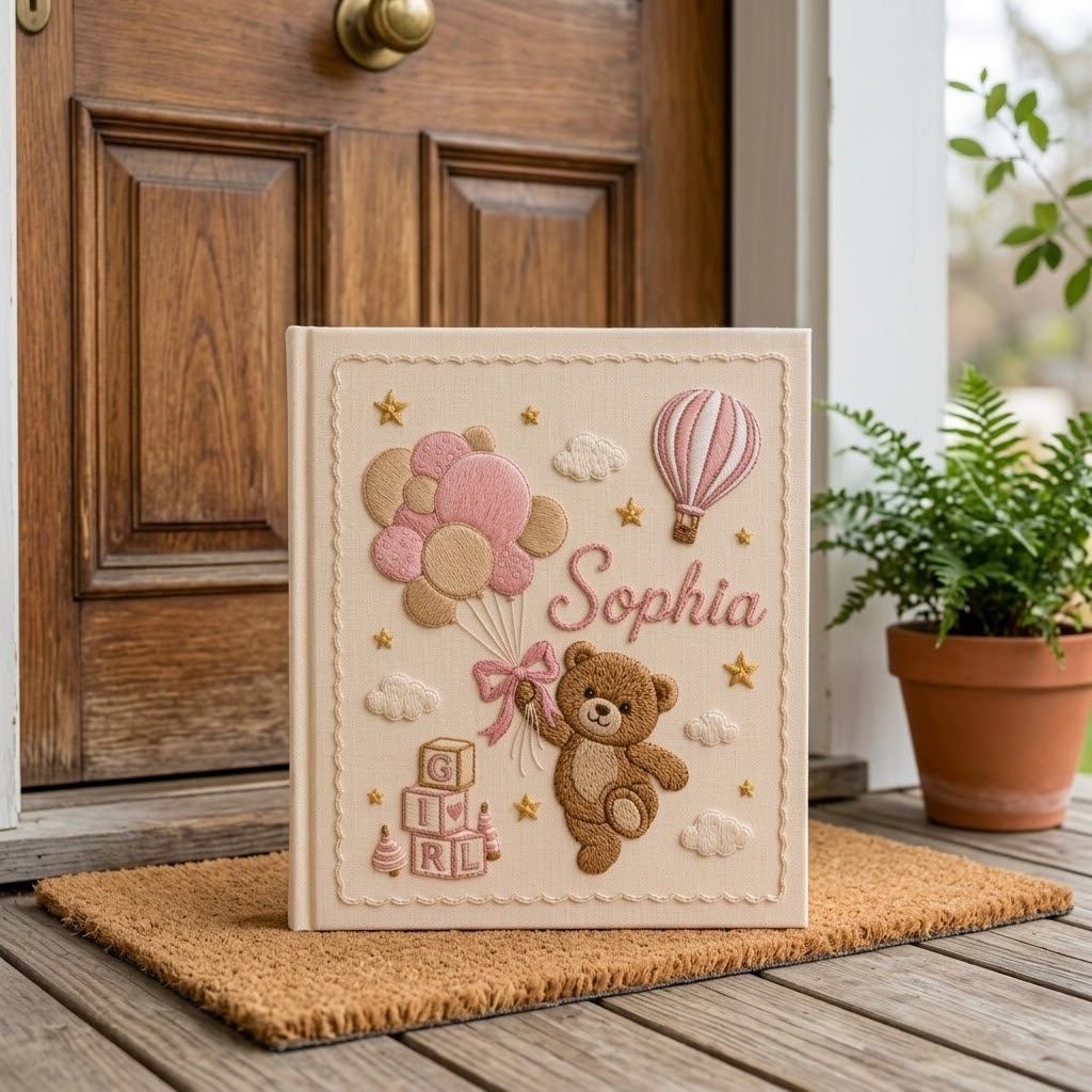 Personalized Baby Photo Album, Embroidered Teddy Bear Memory Book, Newborn Keepsake
