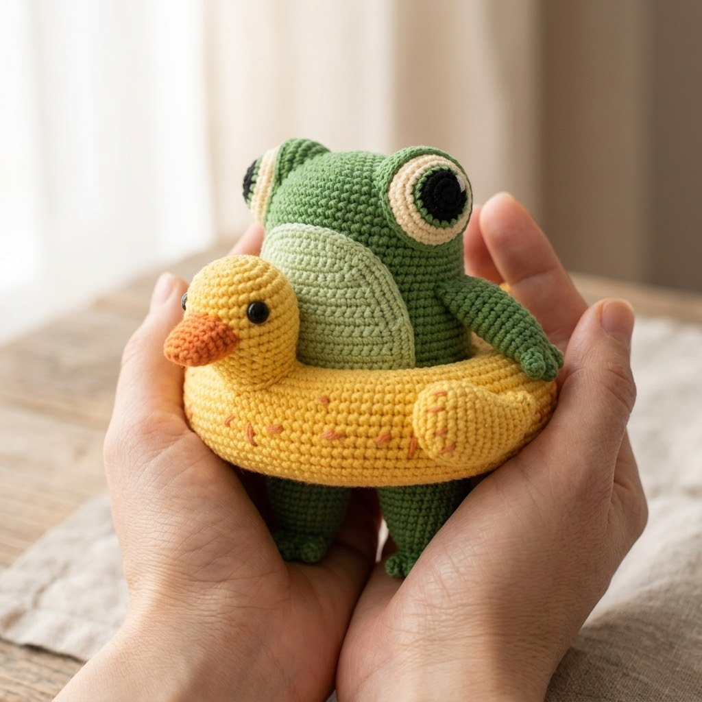 Cute Frog Crochet Doll With Yellow Duck Float, Big Eyes, Summer Toy