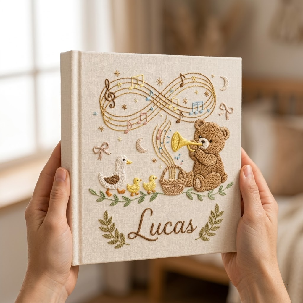 Personalized Baby Photo Album, Embroidered Teddy Bear & Duck Memory Book