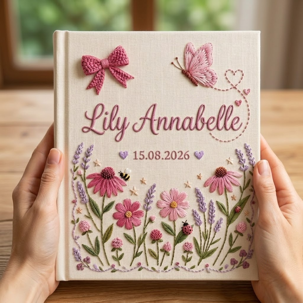 Personalized Baby Photo Album, Embroidered Wildflower Butterfly Memory Book, Custom Name Nursery Keepsake