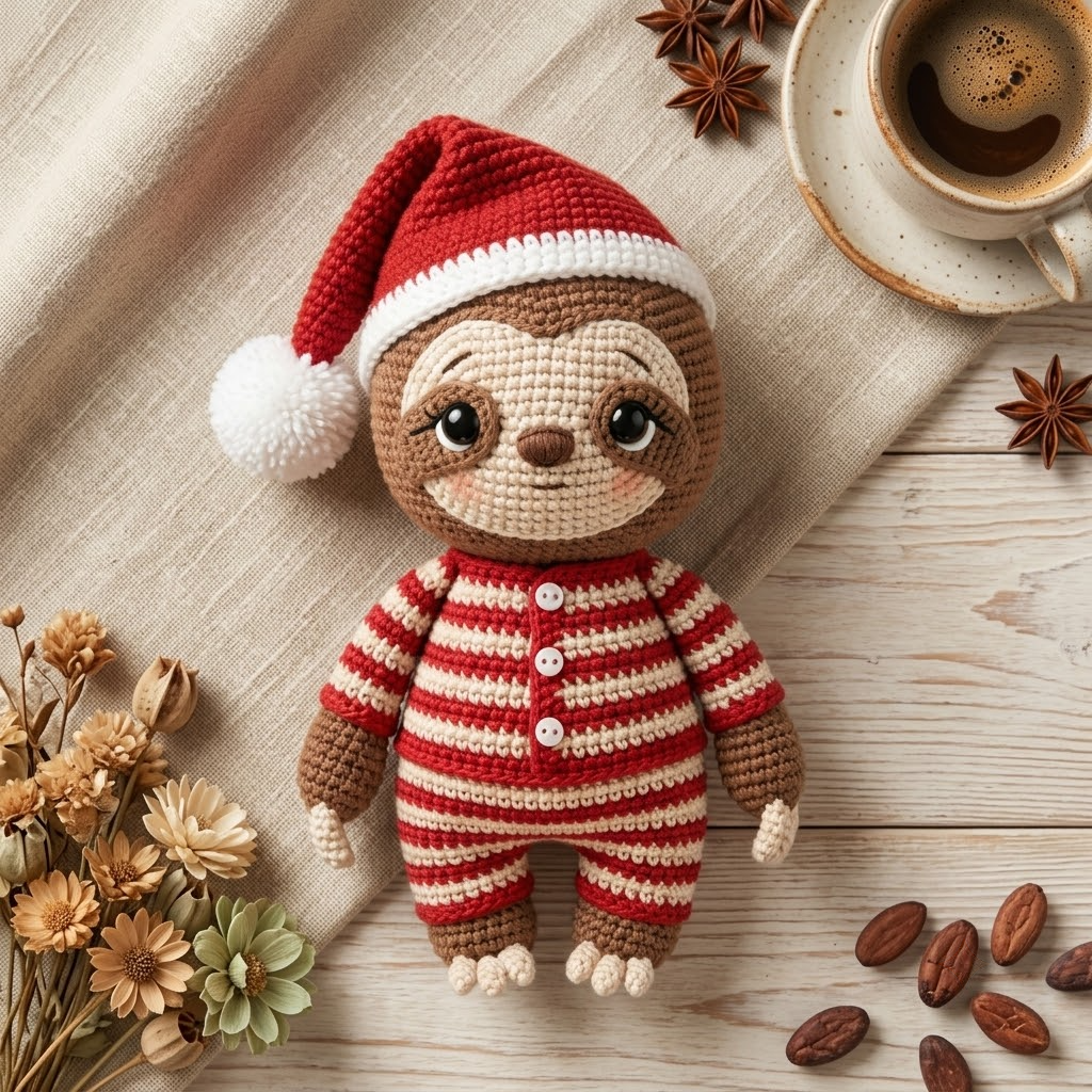 Sloth Crochet Doll, Amigurumi With Red Sleeping Hat, Striped Pajamas