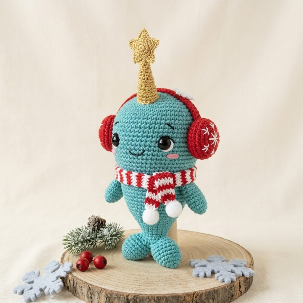 Handmade Christmas Narwhal Crochet Doll, Amigurumi Plush, Gold Star Horn, Winter Gift