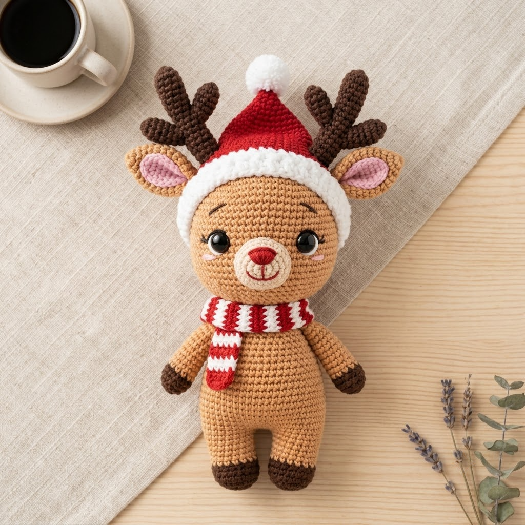 Charming Crochet Reindeer Doll, Christmas Amigurumi Plush With Santa Hat