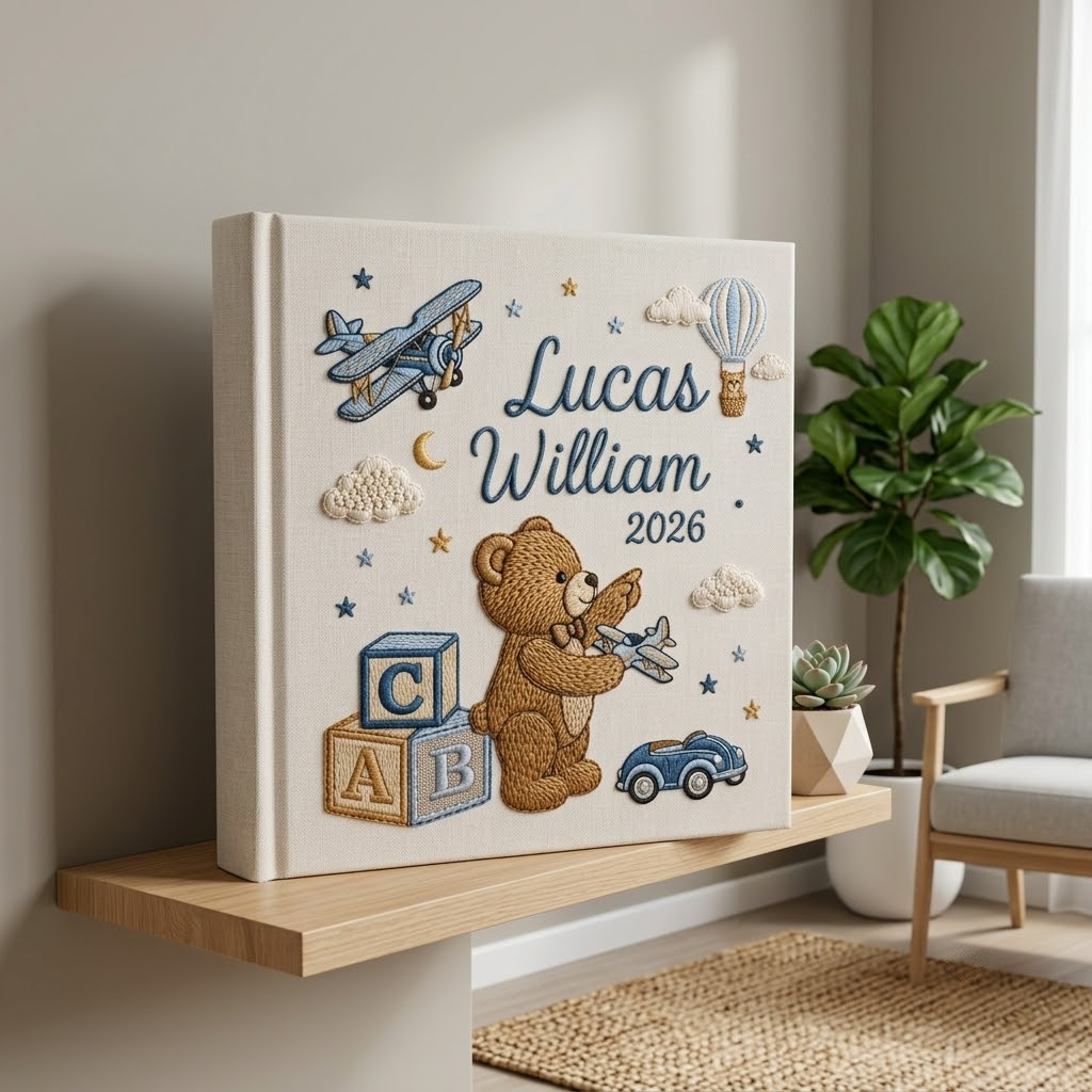 Personalized Baby Photo Album, Embroidered Airplane Baby Memory Book