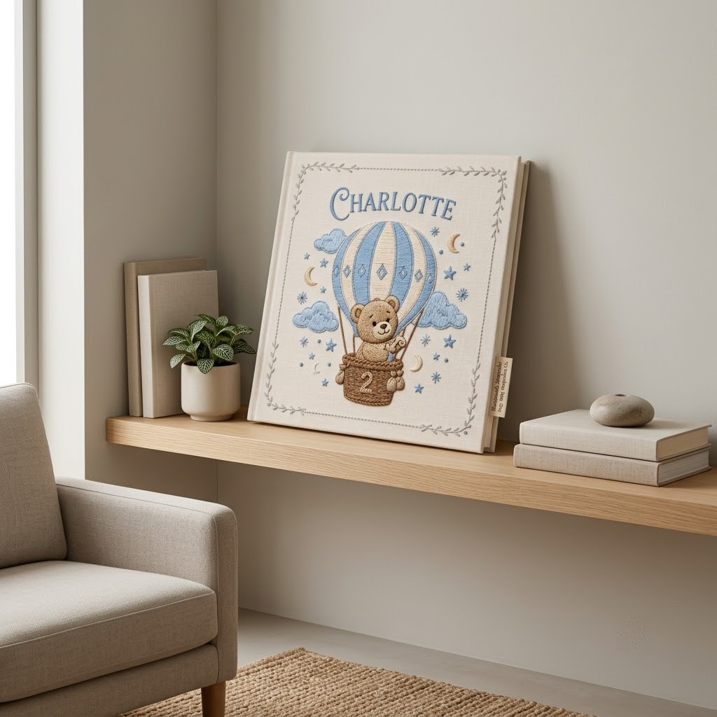 Personalized Baby Photo Album, Embroidered Hot Air Balloon Memory Book