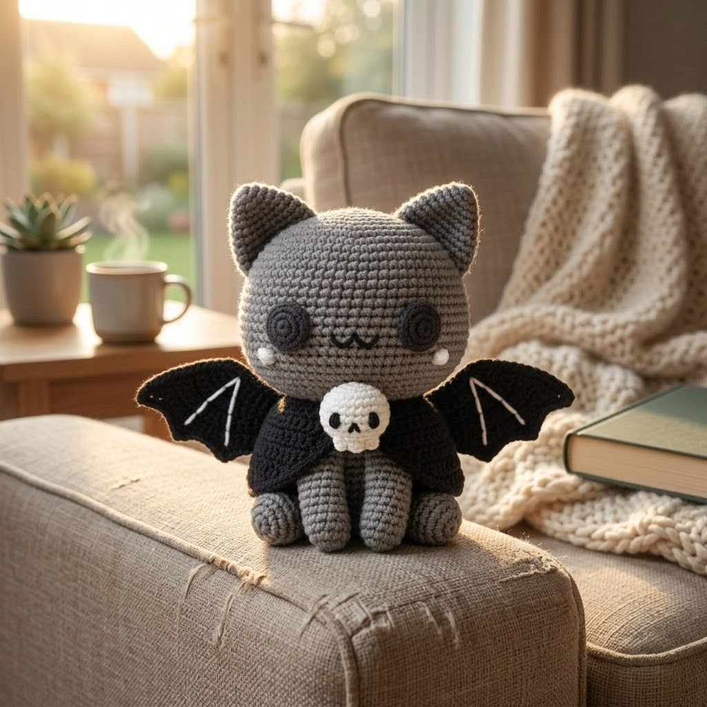 Bat Cat Crochet Amigurumi Doll, Gothic Spooky Cute Plush Toy
