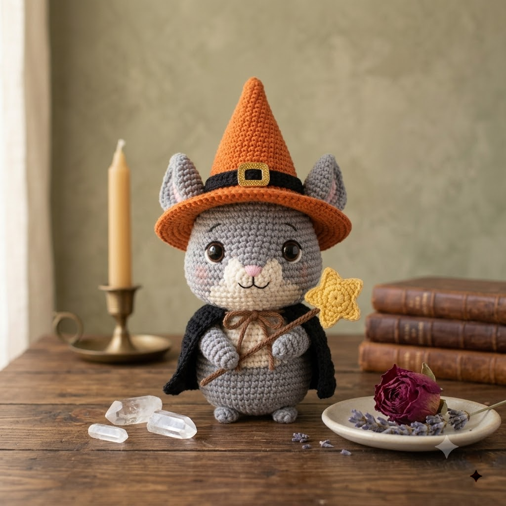 Spooky Cute Witch Chinchilla Crochet Amigurumi, Fluffy Pet Plush With Orange Hat