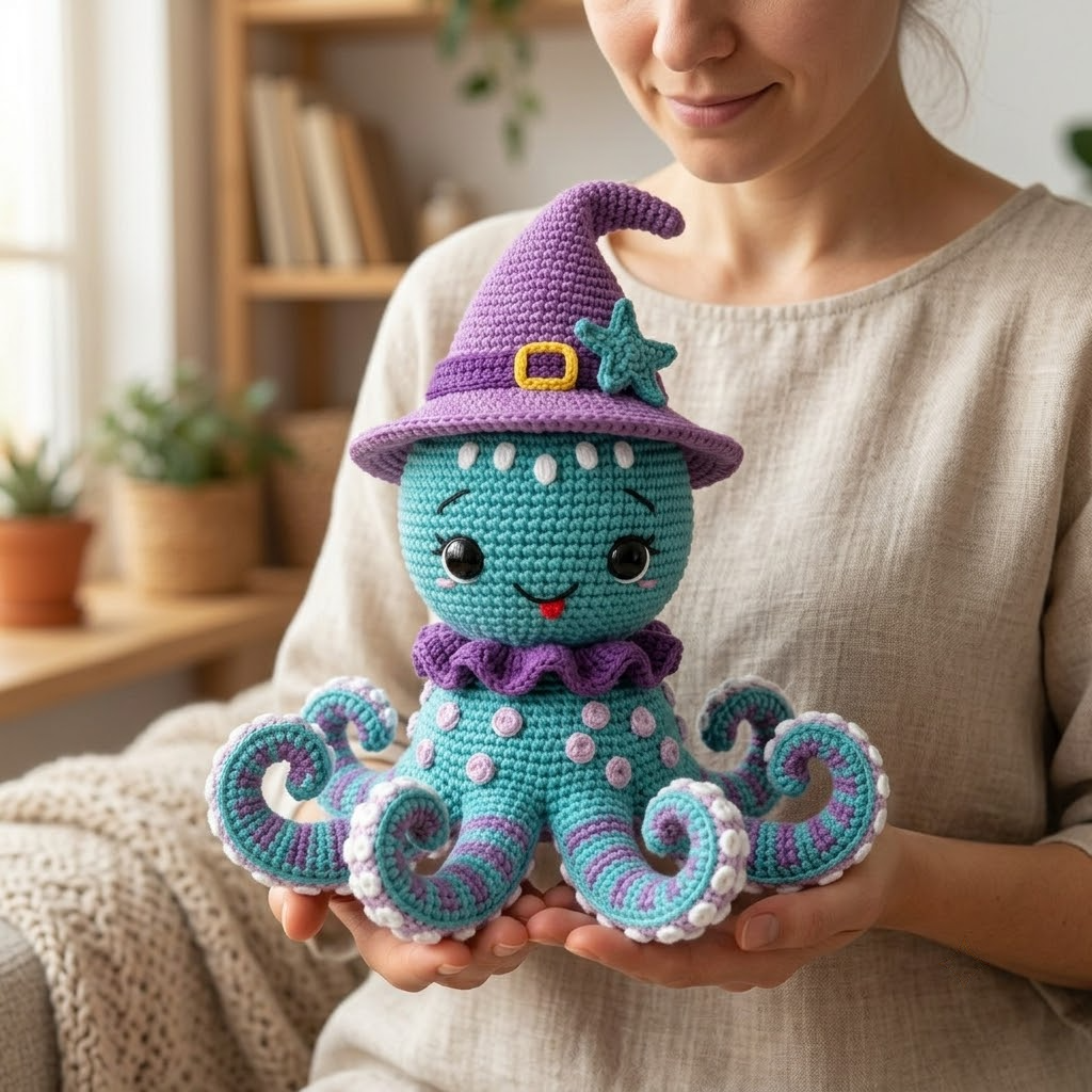 Witch Octopus Crochet, Crochet Doll Crod Design, Octopus Amigurumi, Cute Crochet Doll Crod, Birthday Gift