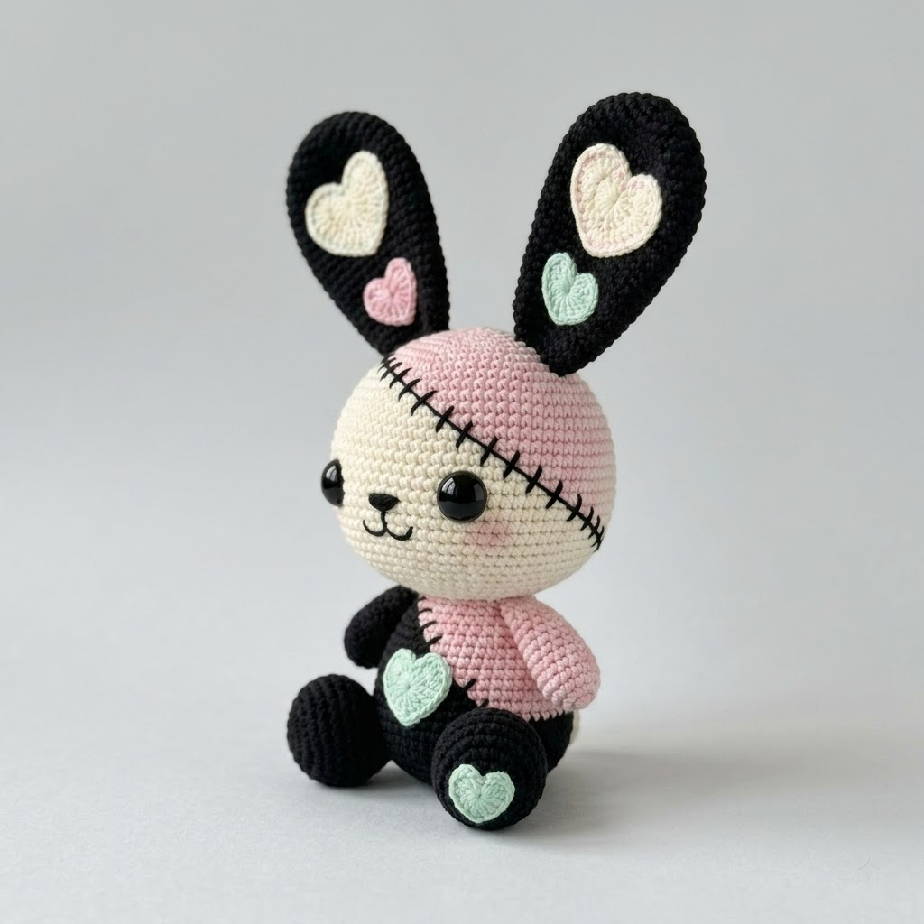 Gothic Patchwork Bunny Crochet Plush, Cute Spooky Rabbit Amigurumi Doll