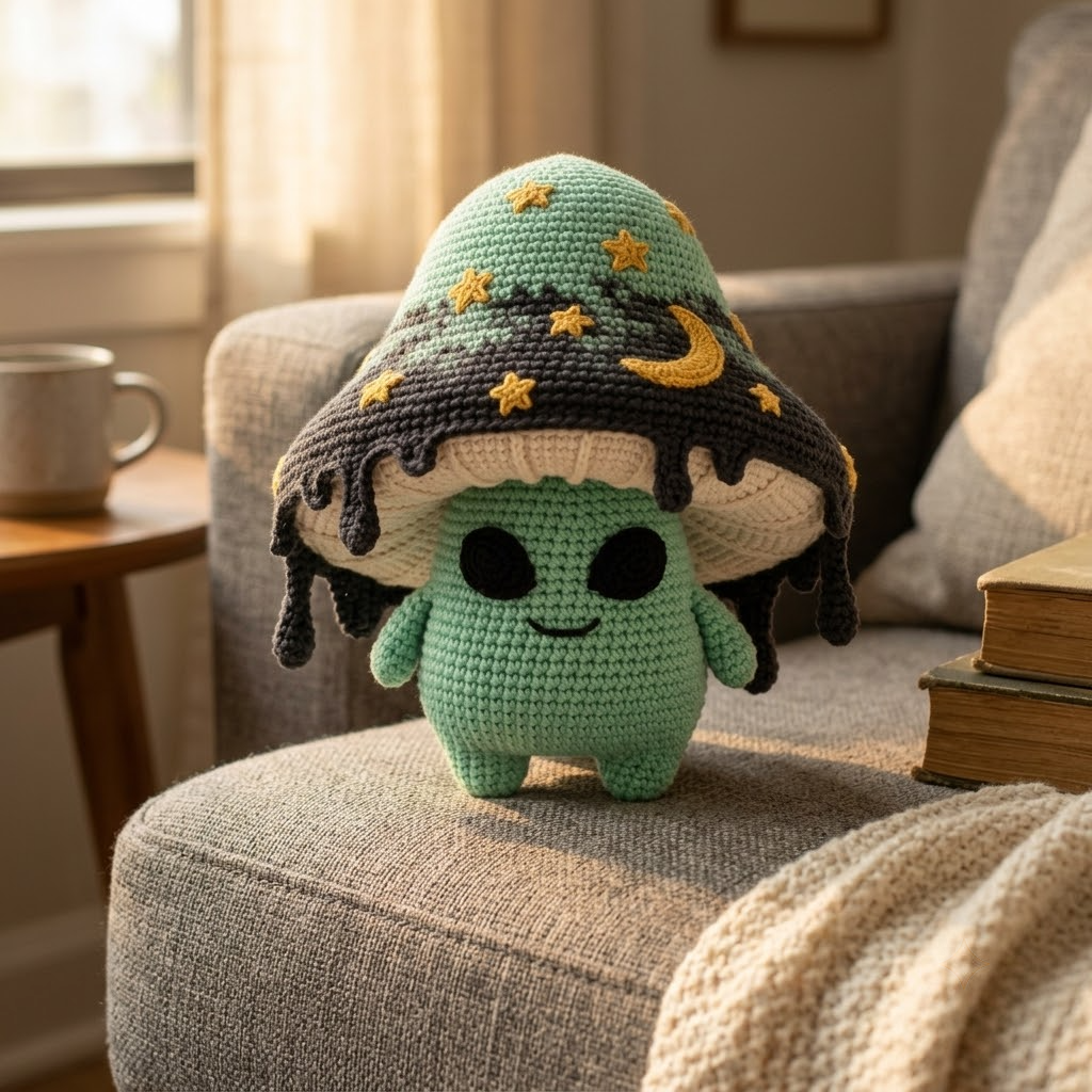 Celestial Mushroom Crochet Plush, Witch Amigurumi Doll, Mint Green Starry Moon