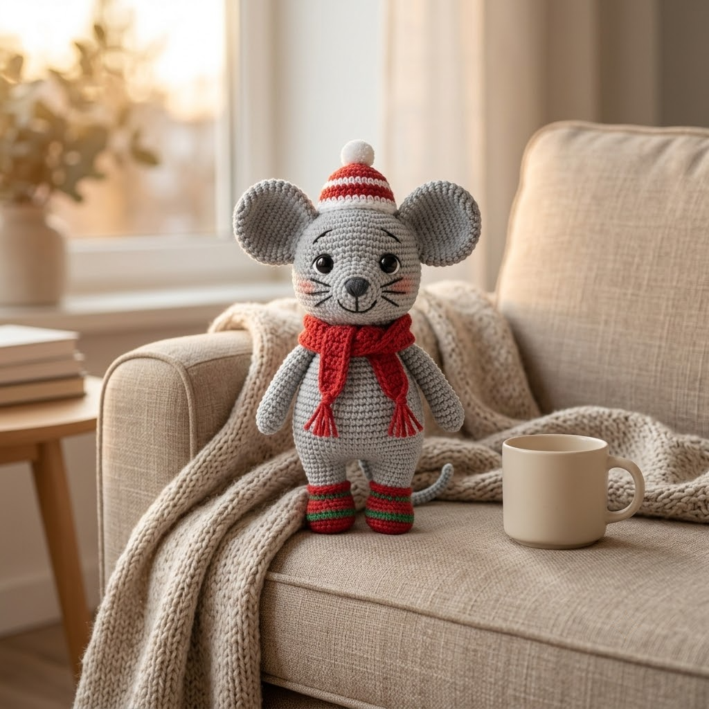 Christmas Mouse Crochet Doll, Amigurumi Mouse With Red Scarf, Cute Holiday Plush, Festive Nursery Decor, Handmade Xmas Gift for Kids and Baby