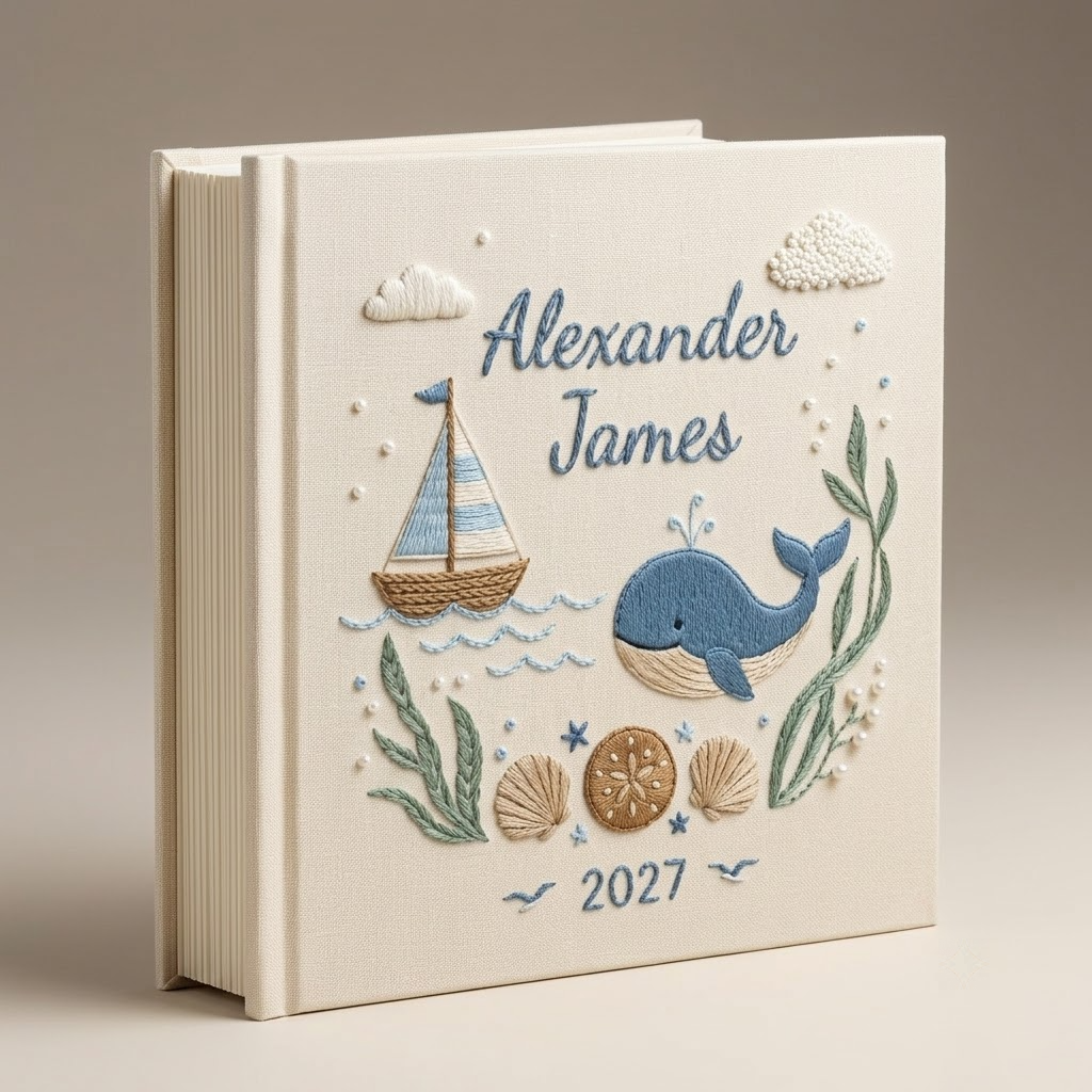 Personalized Baby Photo Album, Embroidered Ocean Nursery Keepsake Book, Custom Newborn Whale Keepsake Album