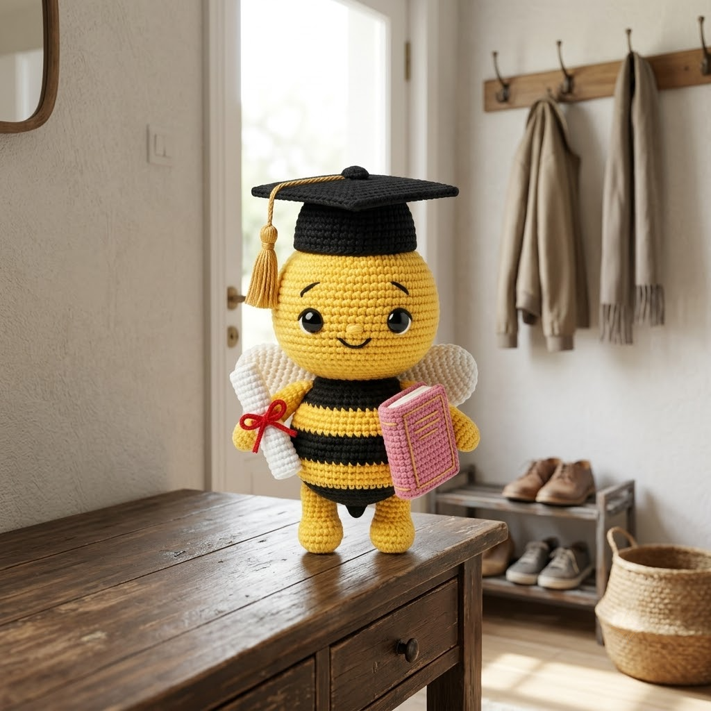Cute Graduation Bee Crochet Doll, Bumblebee Amigurumi Plush Gift For Graduates