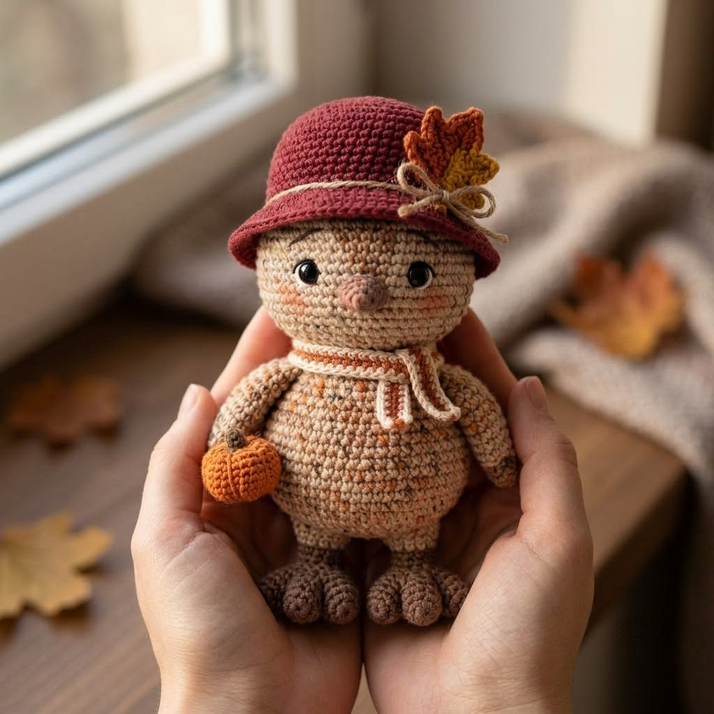 Thanksgiving Quail Crochet Doll With Tiny Bonnet, Autumn Leaf Detail