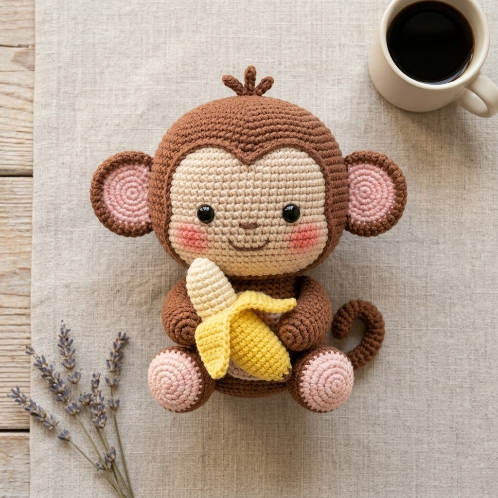 Banana Monkey Crochet Amigurumi Doll With Round Ears, Curled Tail, Rosy Cheeks, Sitting Pose