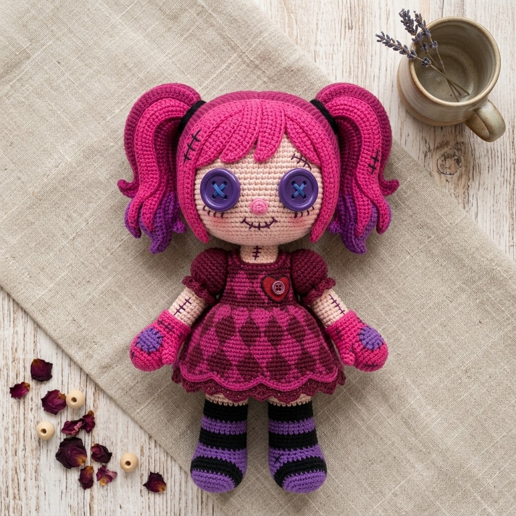 Handmade Pink Gothic Rag Doll Crochet Amigurumi, Twin Ponytail Plush Figure