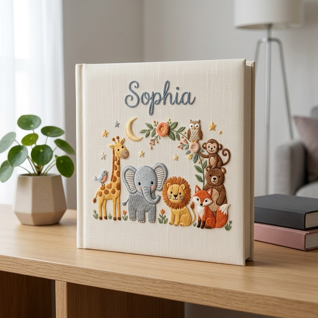 Personalized Baby Photo Album, Embroidered Safari Animals Memory Book