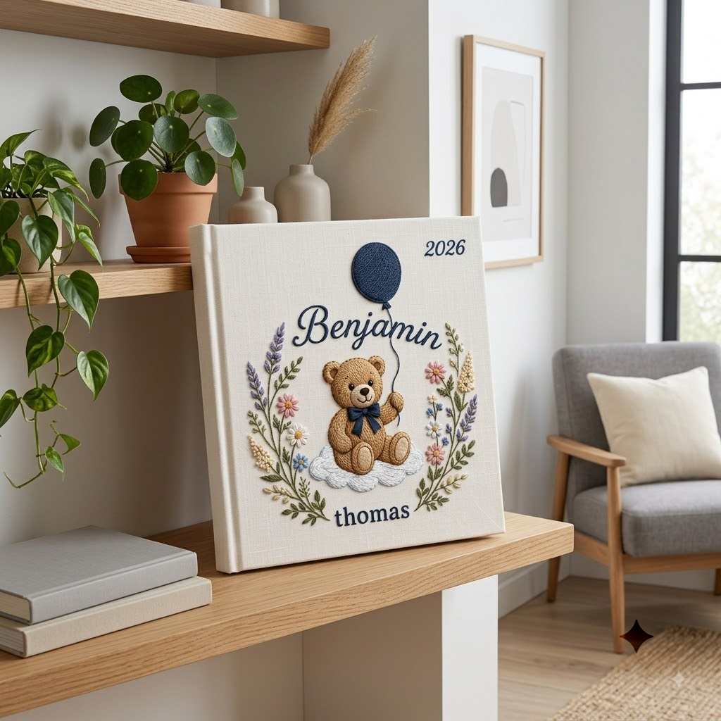 Personalized Baby Photo Album, Embroidered Memory Book, Teddy Bear Hot Air Balloon