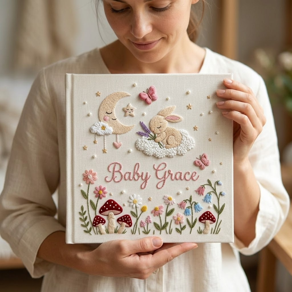 Personalized Baby Photo Album, Embroidered Rabbit Memory Book, Custom Newborn Keepsake