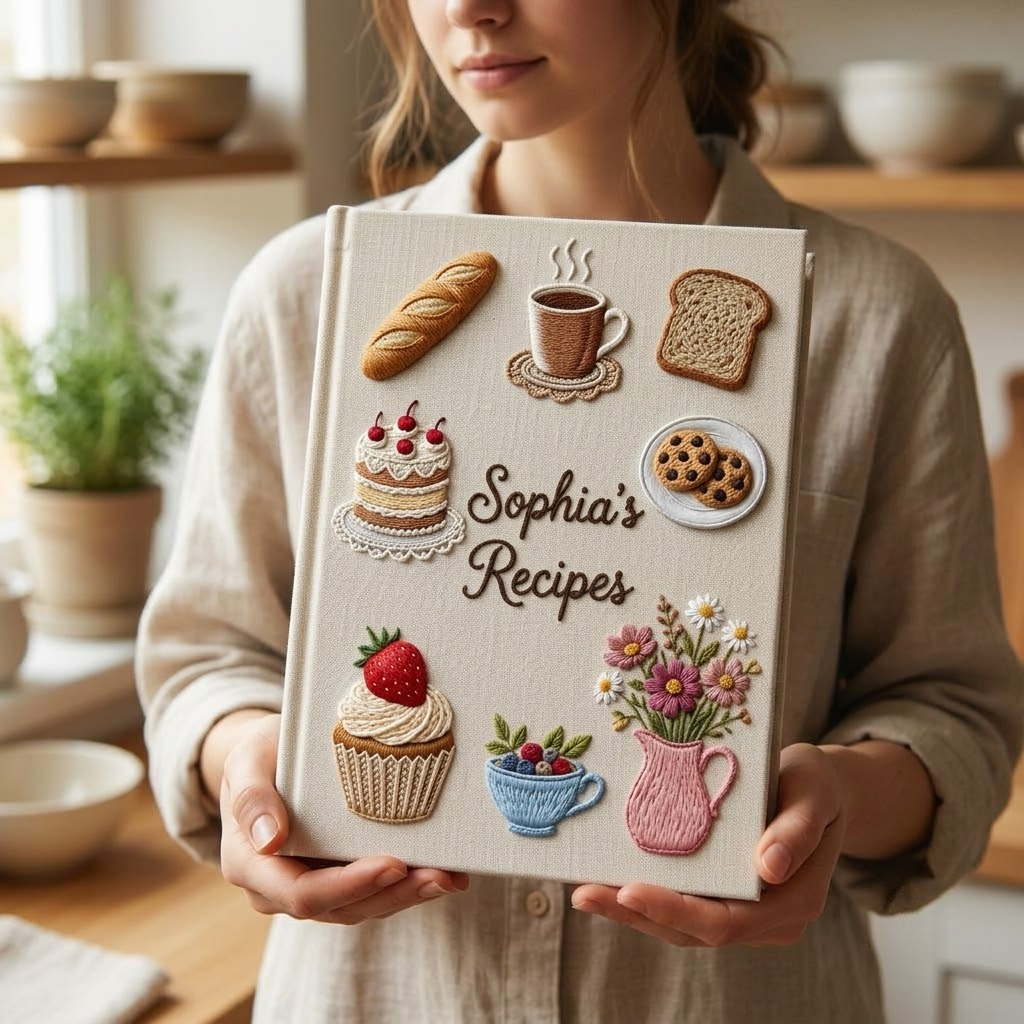 Embroidered Journal, Custom Fabric A5 Recipe Notebook, 6 Ring Binder Cooking Journal Gift