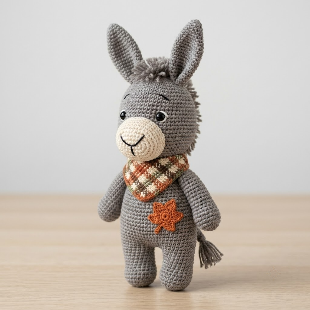 Autumn Donkey Crochet Doll, Thanksgiving Farm Plush, Plaid Bandana, Maple Leaf Patch
