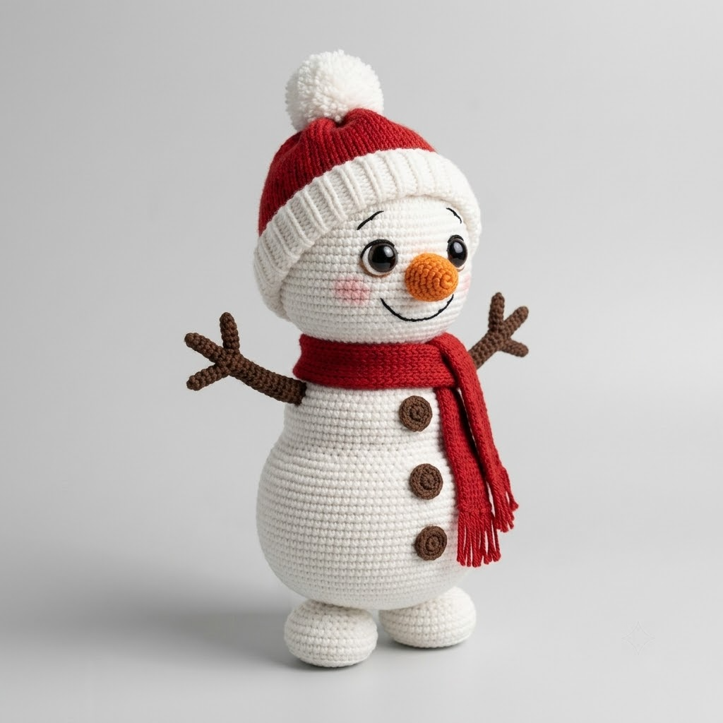 Cute Snowman Crochet Doll, Christmas Amigurumi Plush With Red Hat, Scarf