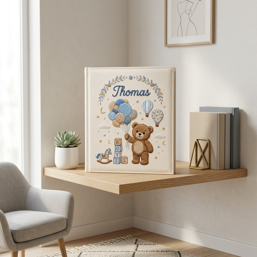 Personalized Baby Photo Album, Embroidered Teddy Bear Memory Book, Newborn Keepsake