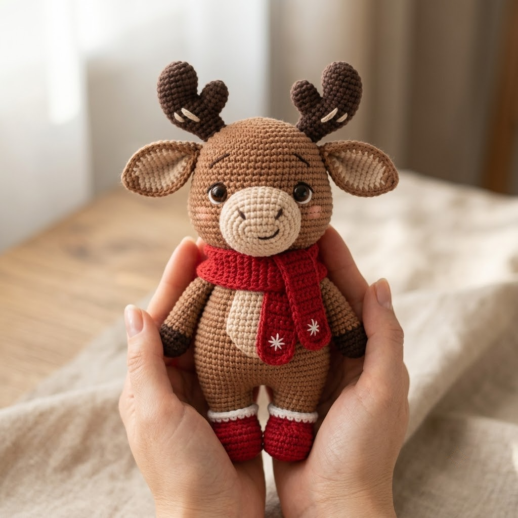 Christmas Moose Crochet Doll, Amigurumi Plush Toy With Red Scarf