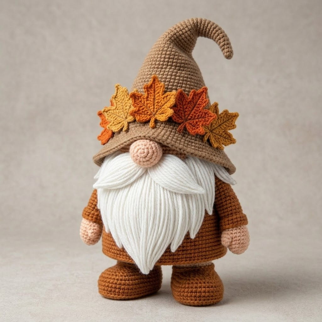 Autumn Gnome Crochet Doll, Fall Amigurumi With Maple Leaf Hat & White Beard