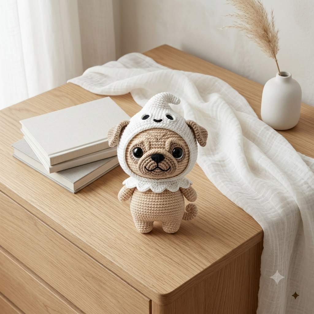 Cute Ghost Pug Crochet Doll, Halloween Puppy Plush Toy, Amigurumi Dog Gift
