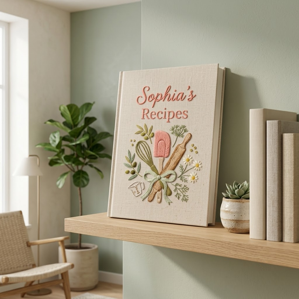 Embroidered Journal, Custom Notebook, Personalized Recipe Book, Linen Cooking Journal Gift