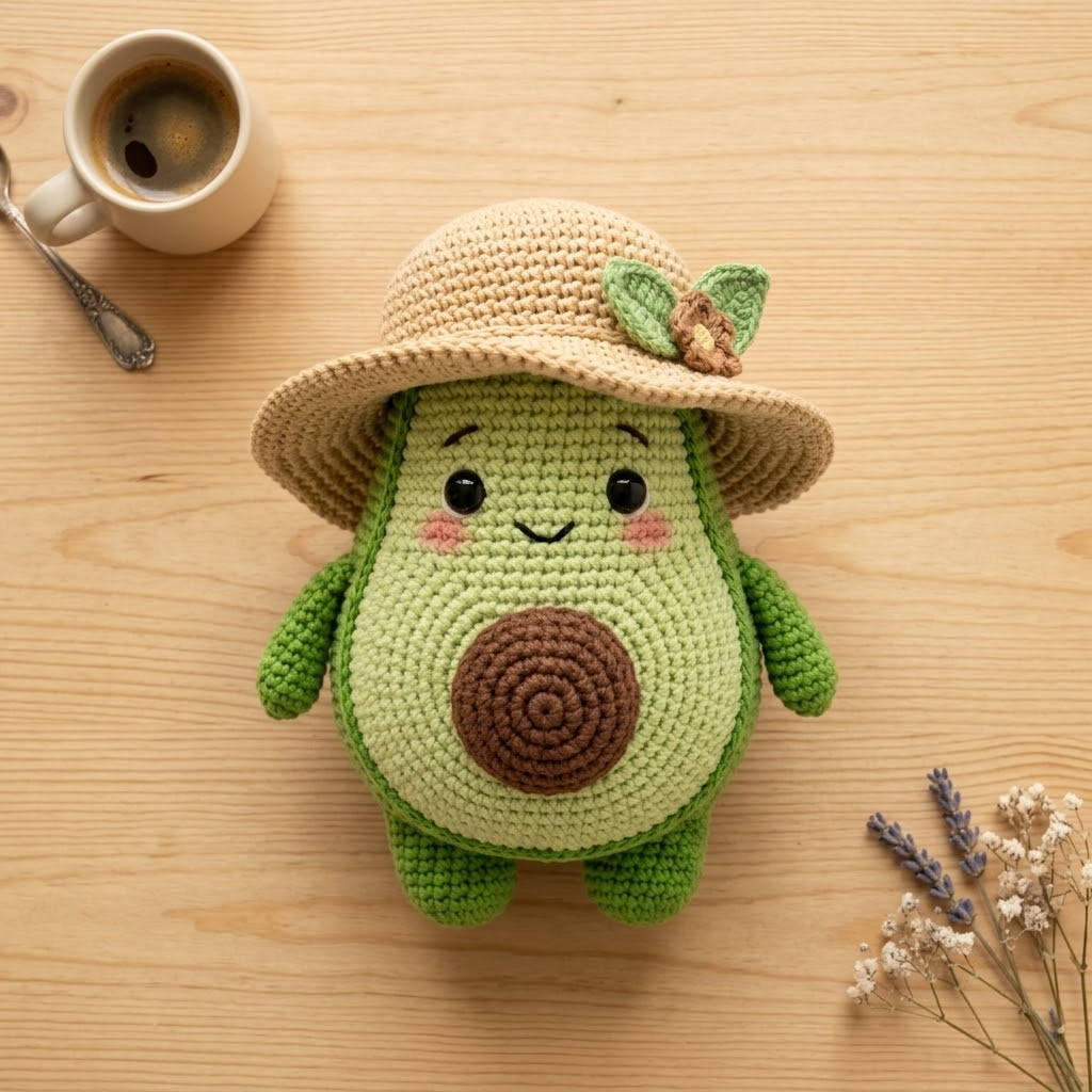 Cute Avocado Crochet Doll, Handmade Amigurumi Plush With Sun Hat & Leaf