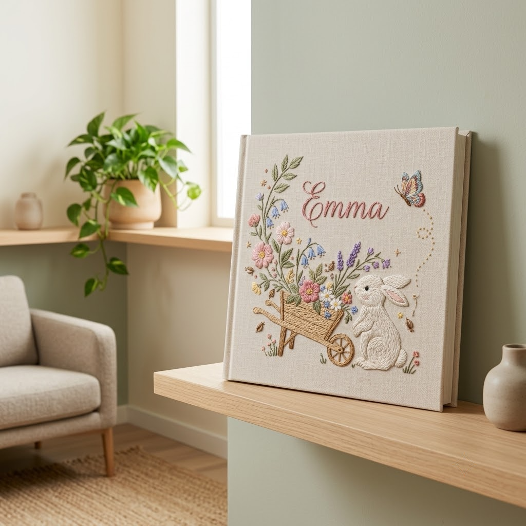 Personalized Baby Photo Album, Embroidered Bunny, Custom Memory Book Gift