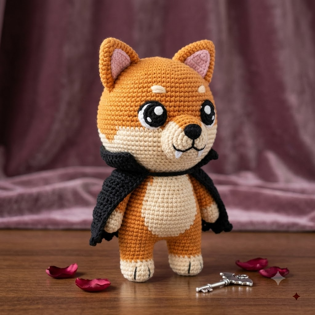 Cute Vampire Shiba Inu Crochet Doll, Spooky Dog Plush With Black Cape & Tiny Fangs