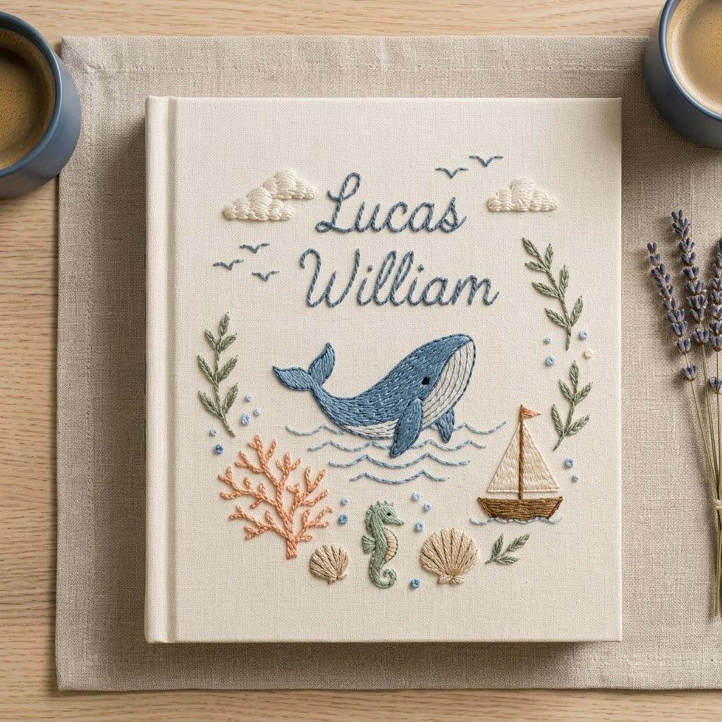 Personalized Baby Photo Album, Hand Embroidered Whale Nursery Keepsake Book