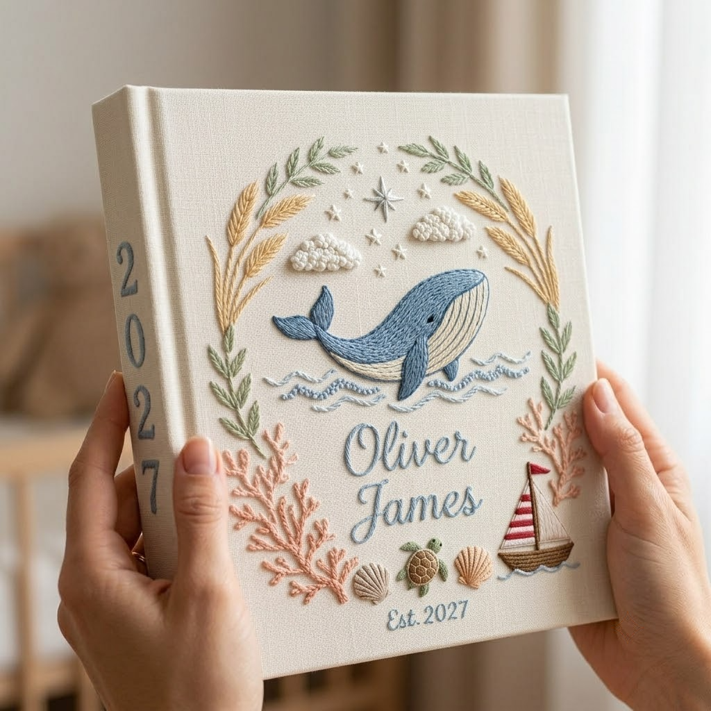 Personalized Baby Photo Album, Embroidered Ocean Nursery Keepsake, Custom Newborn Gift