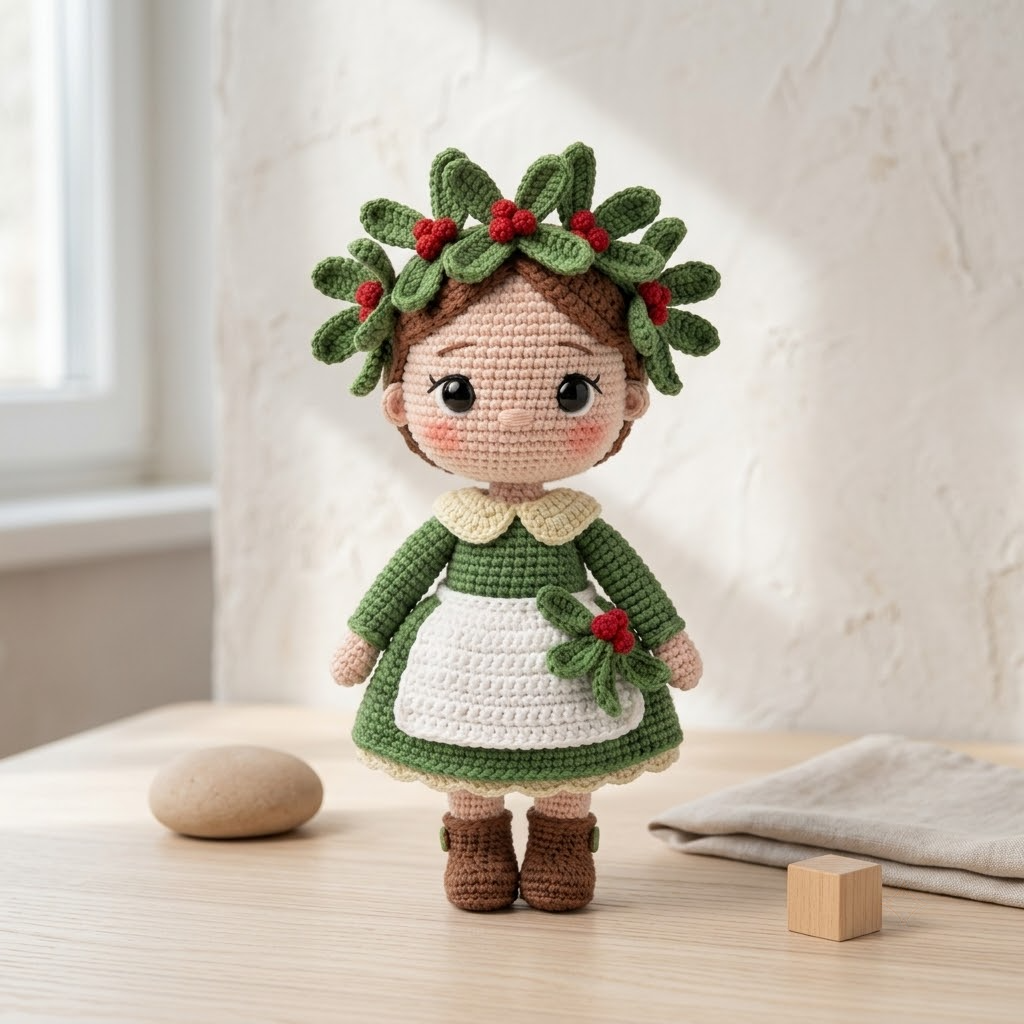 Cute Crochet Mistletoe Doll, Handmade Christmas Plush, Festive Holiday Decor