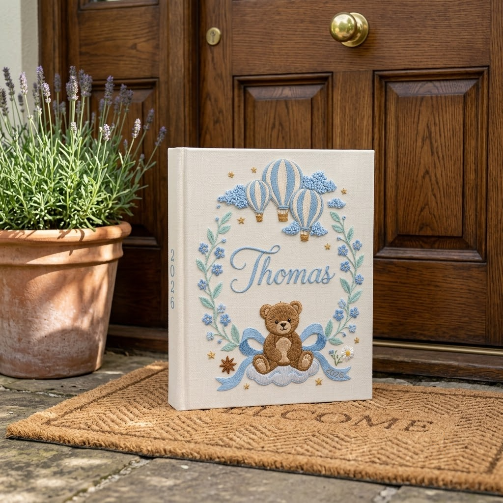 Personalized Baby Photo Album Embroidered Memory Book For Boys Custom Name Teddy Bear Hot Air Balloon