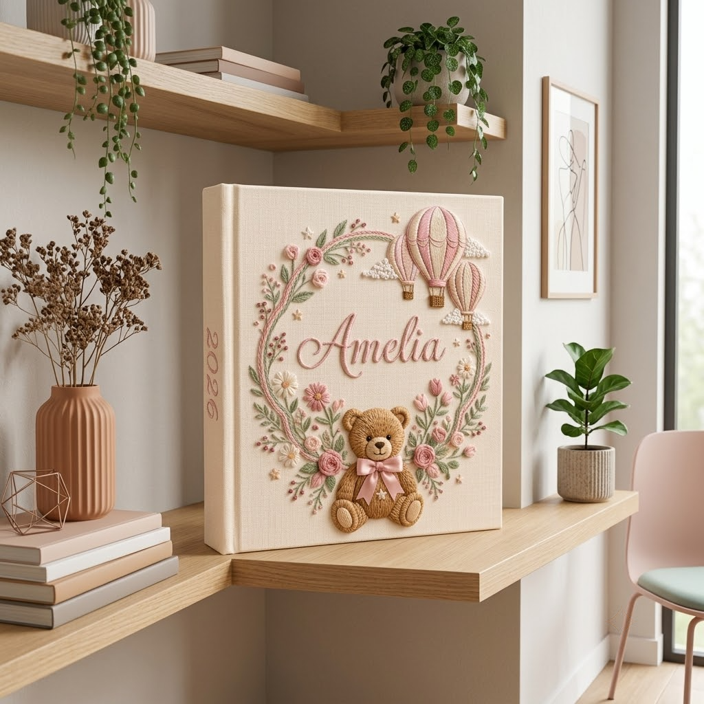 Custom Photo Album, Hand Embroidered Teddy Bear & Hot Air Balloon Baby Book