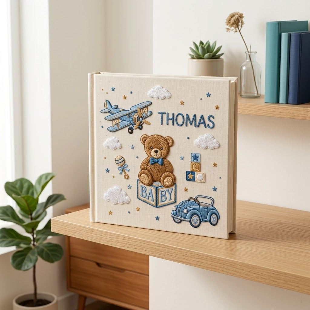 Personalized Baby Photo Album, Embroidered Teddy Bear Airplane Memory Book