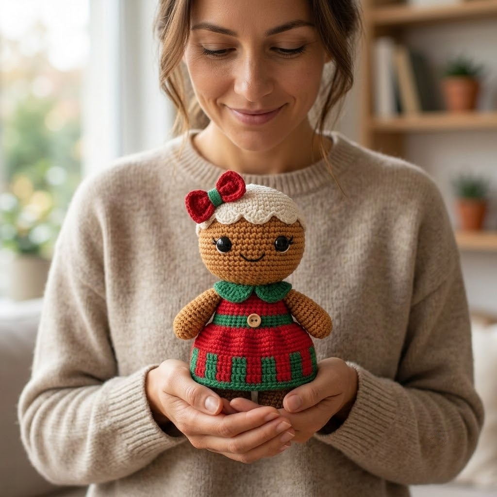 Gingerbread Girl Crochet Doll, Christmas Amigurumi Tartan Dress, Festive Holiday Decor Gift