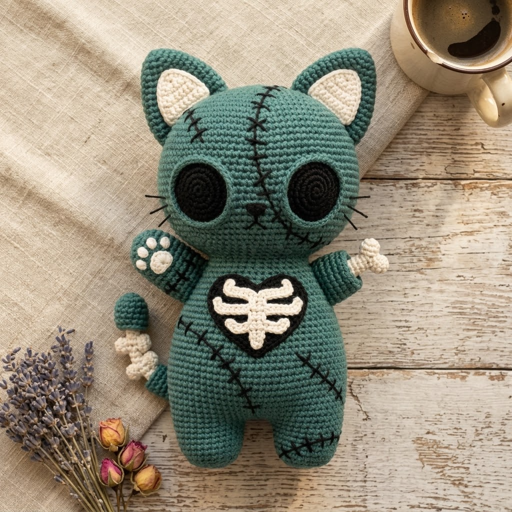 Crochet Gothic Cat Doll, Patchwork Amigurumi Spooky Kitten Plush
