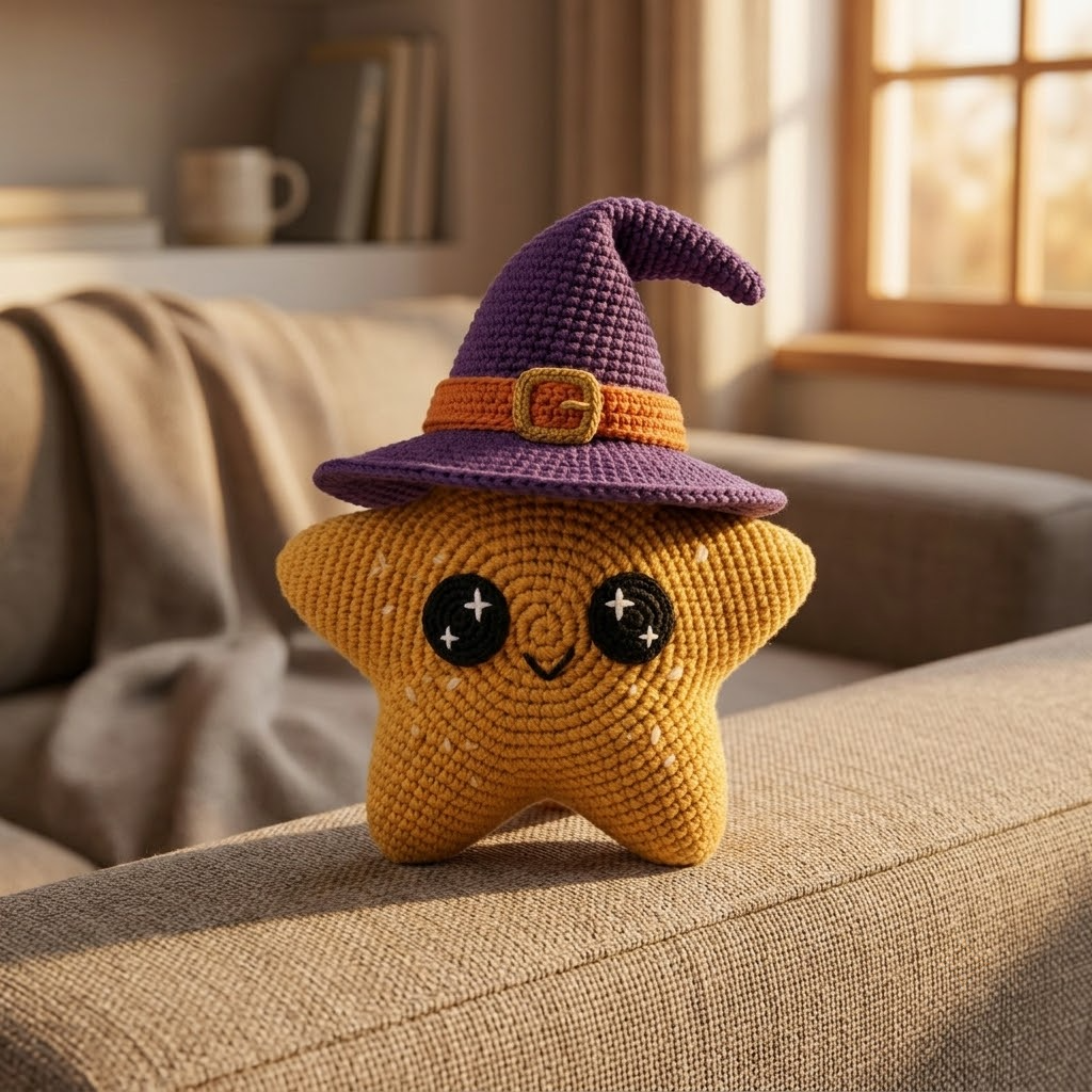 Cute Crochet Witch Star Plush, Halloween Five Point Star Amigurumi Doll