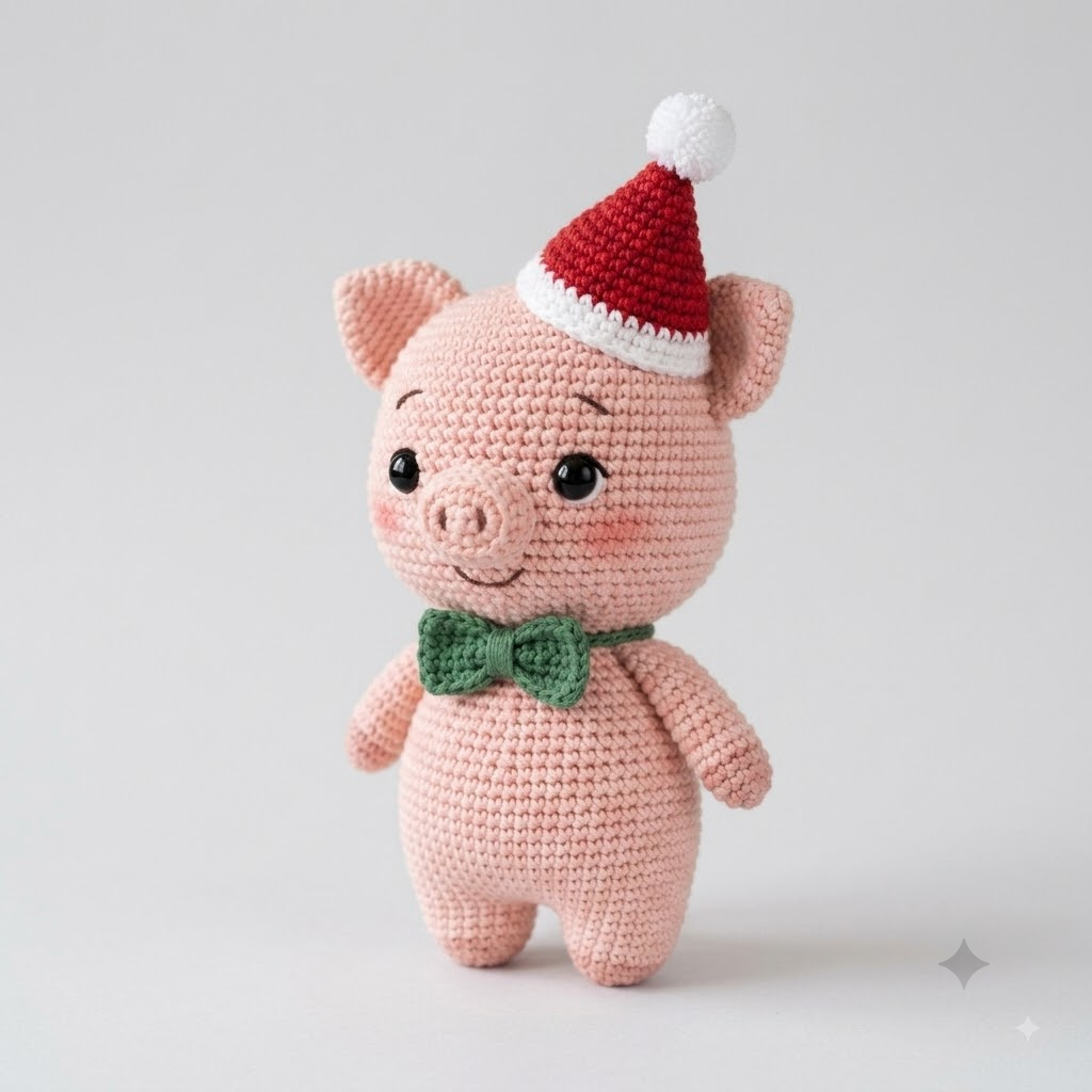 Christmas Pig Crochet Doll, Amigurumi Santa Pig Plush With Green Bow Tie