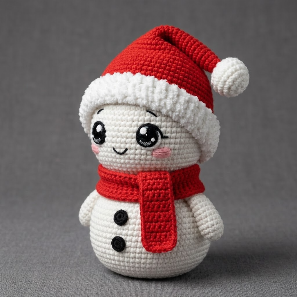 Christmas Snowman Crochet Doll, Kawaii Santa Hat, Red Scarf