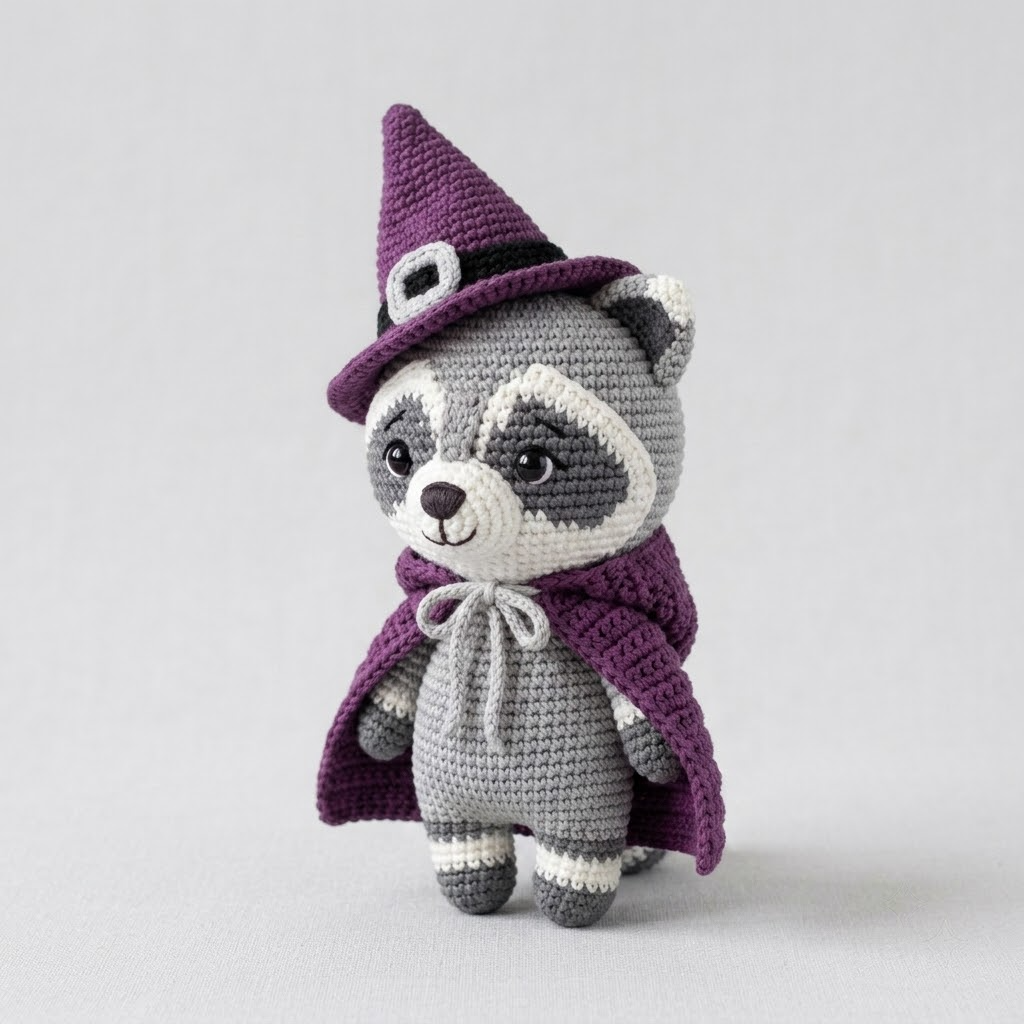 Cute Witch Raccoon Crochet Doll, Halloween Amigurumi Plush Gift For Witchcore Fans