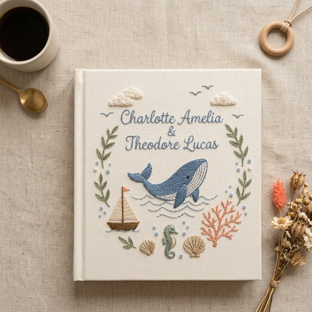 Custom Photo Album, Hand Embroidered Ocean Whale Baby Memory Book, Nautical Keepsake, Baby Shower Gift