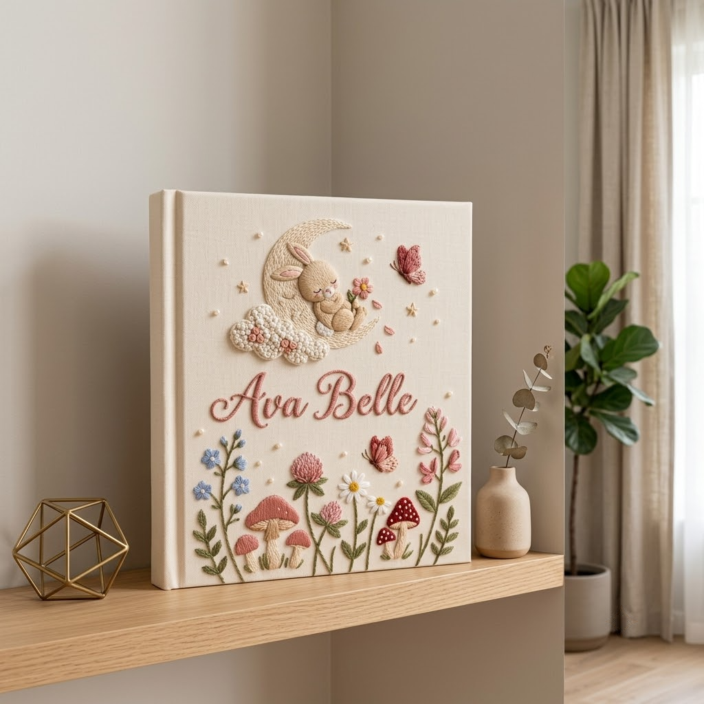 Personalized Baby Photo Album, Embroidered Floral Bunny Memory Book