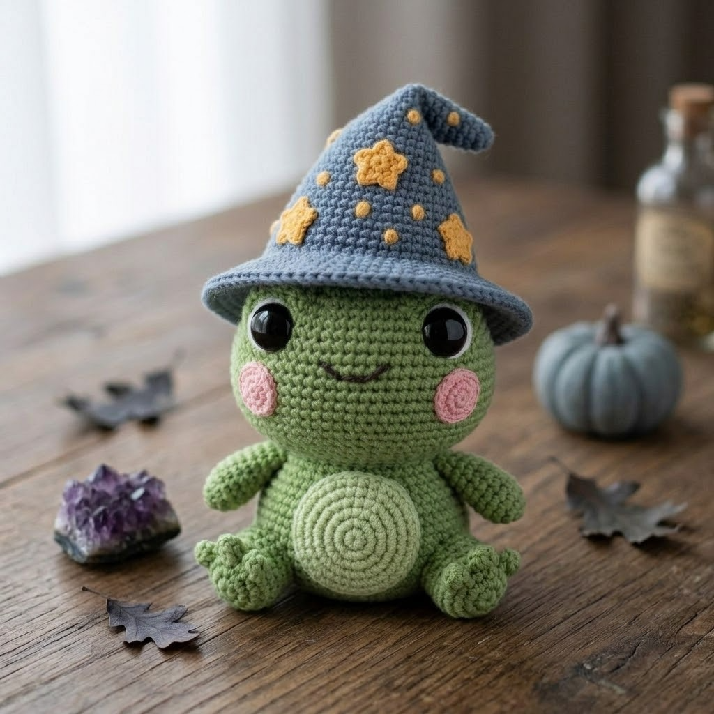 Charming Wizard Frog Crochet Doll, Handmade Amigurumi Witch Hat Frog Plush, Halloween Gift